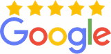 Google logo with five gold stars above it, representing excellent customer reviews for Kind Family Dentistry