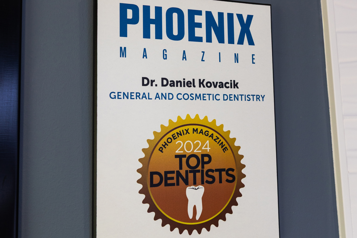 img slider 11 Phoenix Magazine award recognizing Dr. Daniel Kovacik as Top Dentist for general and cosmetic dentistry.